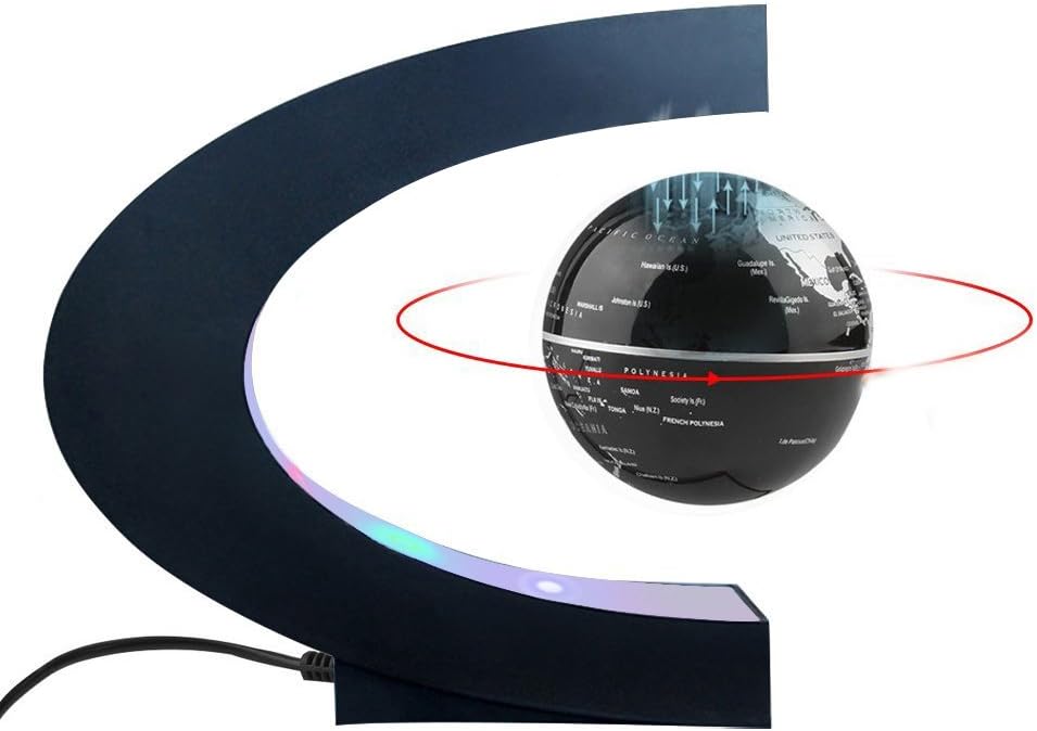 Magnetic Levitation Floating World Map Globe C Shape Base, 3" Rotating Planet Earth Globe Ball Anti Gravity with LED Light Lamp- Educational Gifts for Kids, Home Office Desk Decoration (Black+Silver)