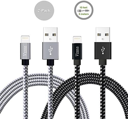 iPhone Cable,Vzznn Lightning Cable 2Pcks 10FT to USB Syncing and Charging Cable Data Nylon Braided Cord Charger for iPhone 7/7 Plus/6/6 Plus/6s/6s (black white+grey)