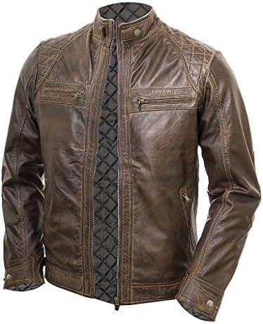 Abbraci Men's MotoBiker Vintage Shade Cafe Racer Quilted Motorcycle Padded Shoulder Wax Real Lambskin Leather Jacket