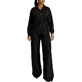 Elainone Pants Sets Women 2 Piece Outfits Long Sleeve Button Down Drawstring Shirt and Wide Leg Pants Matching Set