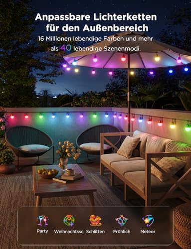 Govee Outdoor LED Lichterkette Außen 2, 15M Dimmbare RGBICW Lichterkette mit 16 Millionen Farben und 47 Szenenmodi, 100lm pro LED Lebensdauer 25000h, IP65 Wasserdicht, Funktioniert mit Google Home