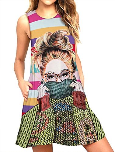 JTNFairy Women's Casual Floral Printed T-Shirt Dress Sleeveless Swing Loose with Pockets