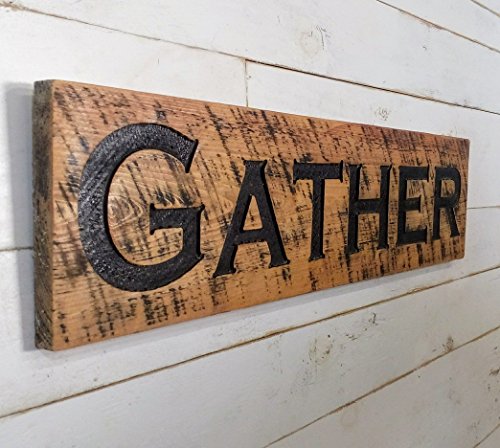 Gather Sign Pecan Stain 40"x10" Horizontal - Carved in a Cypress Board Rustic Farmhouse Style