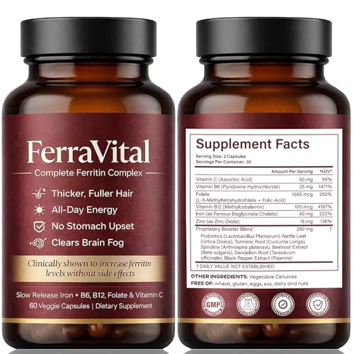 FerraVital Ferritin Support Iron Supplement for Women – Supports Healthy Iron & Energy Levels – with Ferrous Glycine,Vitamin C, B12, B6, Folate, Zinc & Probiotics – 60 Capsules(1pc)