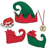 Red and Green Jingle Bell Elf Accessory Set- Elf Hat, Elf Shoes, Jingle Bell Necklace, and Jingle Bell Bracelet