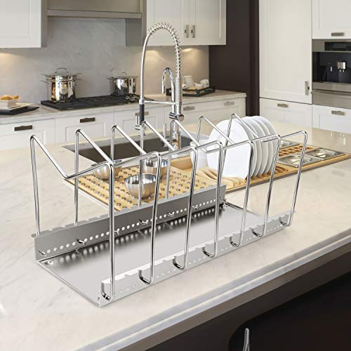 Stainless Steel Dish Rack Kitchen Pot Pan Lid Cutting Board Adjustable Organizer Holder with Drain Tray for Cabinet and Pantry Storage Organization, 6 Compartments - Thumbnail 6