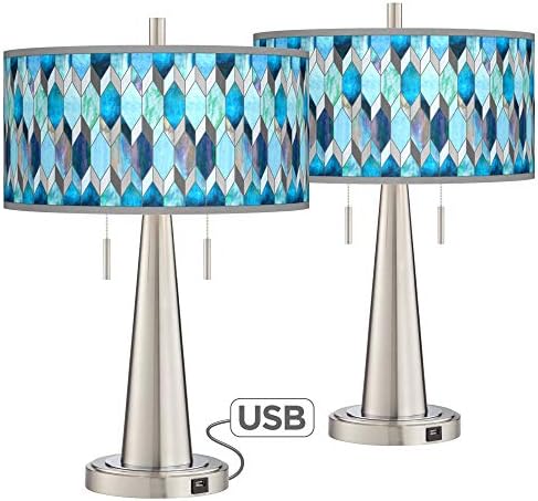 Blue Tiffany-Style Vicki Brushed Nickel USB Table Lamps Set of 2 - Giclee Glow