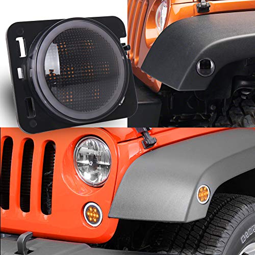 LED Side Marker Lights Amber Turn Signal with White Halo DRL Smoke Lens Replaces 07-17 Jeep Wrangler Front Fender Signal Parking Indicator Lamp