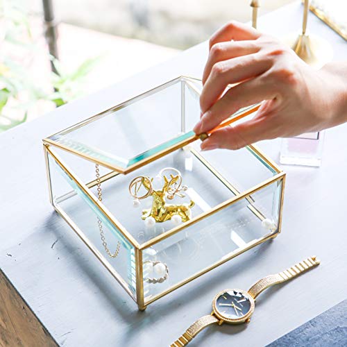 Vintage Golden Glass Keepsake Box Jewelry Holder Desktop Organizer, Decorative Accent, Vanity