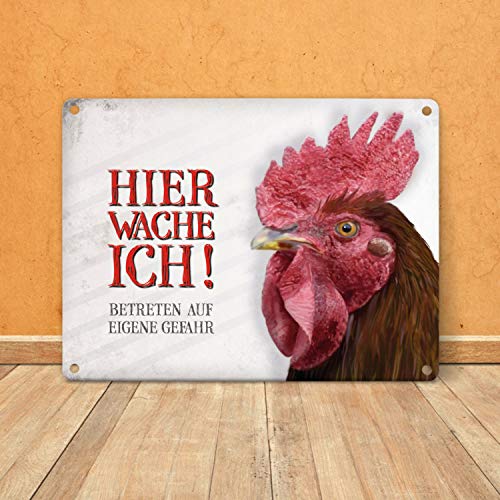 Metallschild mit Hahn Motiv und Spruch: Betreten auf eigene Gefahr - Hier wache ich! – Bild 5
