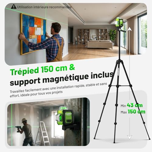 Niveau Laser 360 Autonivelant avec Trépied 152cm, Huepar 3x360 Croisé Laser Vert avec Mode Impulsion, 40m Compacte 3D Laser Niveau Rechargeable, Base Magnétique – Précision Pro pour Chantier&Bricolage