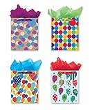 4 Large Party Gift Bags, Birthday Gift Bags - Set of 4 Happy Birthday Gift Bags w/Tags & Tissue Paper