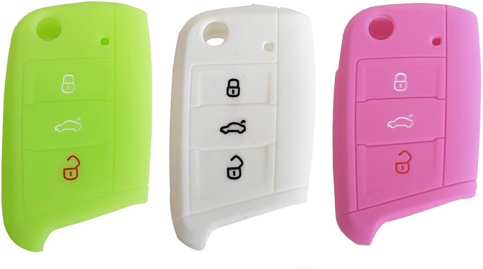 Nicky 3 x Protective Cover for Golf 7 VII New Polo MK7 3-Buttons Car Key Silicone Keys Protector in Pink White Luminous Light Green