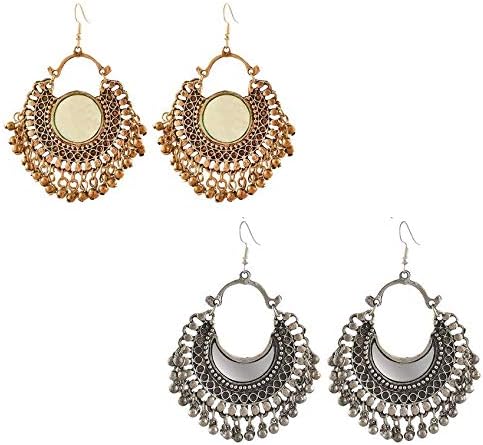 WUJO® Traditional Afghani Vintage Oxidised German Silver Tribal Hoop Dangler Hanging Mirror Chandbali Stud Designer Earring Ethnic Antique Jewellery for Girls earrings for women stylish Combo Of 2