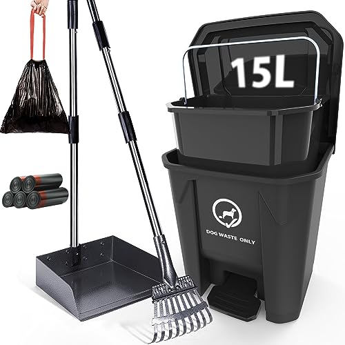 Meegood Dog Poop Trash Can for Outdoors with Pooper Scooper, 15L/4Gallon Dog Waste Trash Can with Lid and Removable Inner Waste Bin, Sturdy Rake & Poop Scooper for Dogs (Extra Free 75pcs Poop Bags)