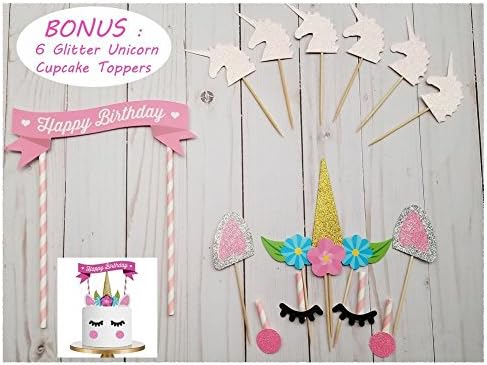 LaylaBelle Happy Birthday Unicorn Horn Cake Decoration Banner and DIY Kit with 6 Cupcake / Treat Toppers