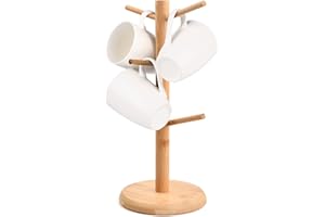 Mug Holder Tree, Wooden Mug Holder Tree with 6 Hooks, Coffee Cup Drying Stand, Anti-Slip Weighted Base, Storage Organizer for