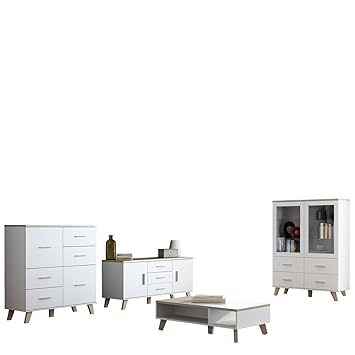 Mirjan24 Wohnzimmer Lotta I Wohnzimmer Set Im Skandinavischen Stil Kommode Tv Lowboard Und Vitrine Komplett Brilliant Weiss Eiche Sonoma Amazon De Kuche Haushalt