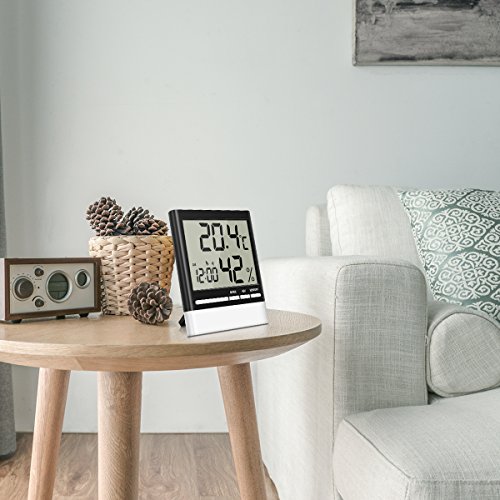 Temperature Hygrometer, EIVOTOR Indoor Thermometers Humidity Monitor with LCD Display, Home Digital Dual Wall Alarm Clock with Day, Date - Battery Included - Thumbnail 5