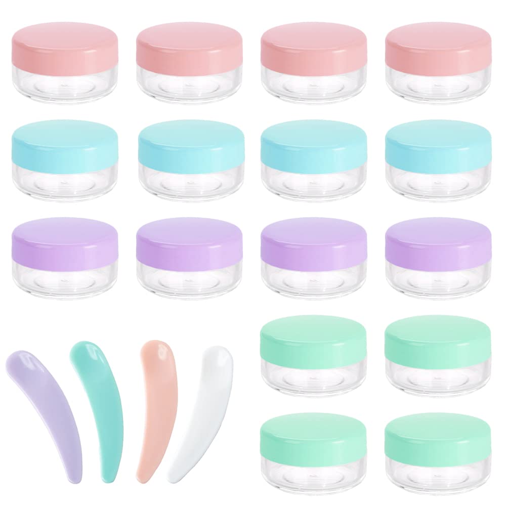 XHNFCU 16 Pcs 10Gram/10ml Empty Plastic Cosmetic Jars and 4 Mini Spatulas, Travel Mini Pots with Lids, Sample Pots For Mini Toiletries for Creams, Lotions, Samples, Cosmetics(4 Colors)