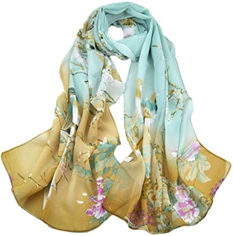 Aven Women Classic Chinese Style Painting Birds/Flowers Chiffon Long Scarf Shawl Wrap Color Light Blue&amp;Coffee