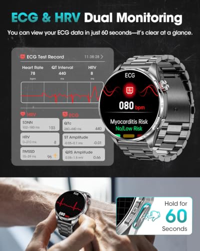 FOSMET Nuevo Reloj Inteligente Hombre con ECG/HRV/BMI, Android iOS Negro | 1.45" AMOLED, Micro Chequeo, 24H Frecuencia Cardíaca, Presión Arterial, SpO2, Sueño, 5 ATM, Llamadas, SOS, 120+ Deportivos