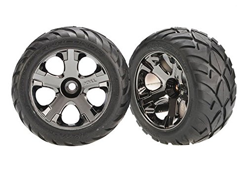 Traxxas 3777A Anaconda Tires Pre-Glued on All-Star Black-Chrome Wheels (nitro front) (pair)