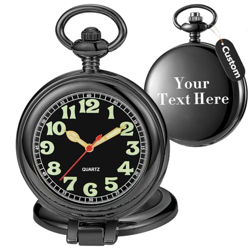 Tiong Transparent Cover Pocket Watches Quartz Arabic/Roman Numerals Men Customizable Back Cover Pocket Watch with Chain&Box