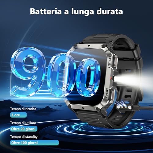 Blackview Men's Smartwatch, 2.01 Inch Military Smartwatch Fitness with Bluetooth Calls Smart Watch 115+ Sports Modes/900 mAh/Sleep/Heart Rate Monitor/Torch/Compass for Android IOS