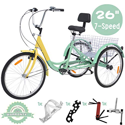 VANELL 7/1 Speed Tricycle Adult 20/24/26 in Trike Cruise Bike 3 Wheeled Bicycle W/Large Size Basket for Women Men Shopping Exercise Recreation (Cyan-Yellow, 7 Speed – 26″)