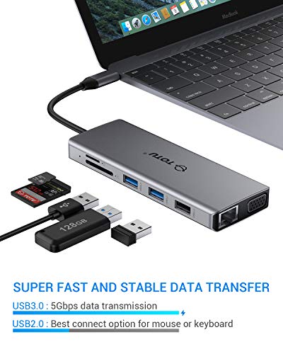 USB C Hub, TOTU 12 in 1 Type C Hub to Ethernet, 4K HDMI & DP, VGA,2 USB3.0/2 USB2.0/75W PD/SD&TF Card Reader/Mic&Audio for Mac Book&Type C Laptops (Only Windows Laptops Support Triple Display)