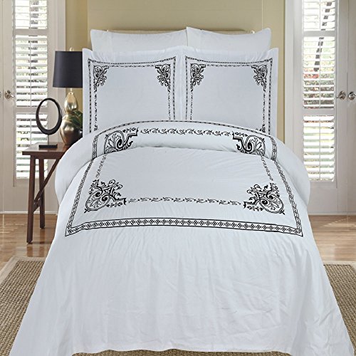 8pcs Full size Athena Black with White Bed in a bag Embroidered duvet set Including Cotton 3pcs Duvet cover set+ 4pcs Full sheet set+ 1pc Full/Queen Down Alternative comforter