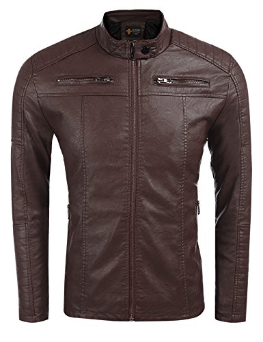 COOFANDY Men's Classic Leather Motorcycle Jacket Winter Biker Jacket Brown