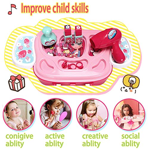 Candice's Sweet Pretend Play Vanity Case Fashion Beauty Salon Cosmetic Palette with Hair Dryer Mirror Scissors Hair Brush For Little Girls Toddler 20 Pcs - Thumbnail 3