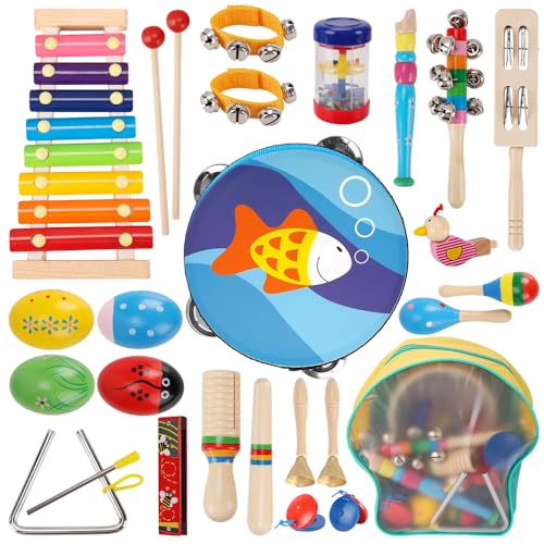 24 PCS Instrumentos de Percussão, Instrumentos Musicais, Xilofone, Brinquedo Musical, Bandinha Ritmica Instrumentos, Conjunto de Instrumentos de Percussão com Mochila Transparente