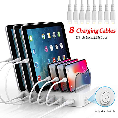 SooPii Premium 6-Port USB Charging Station for Multiple Devices, 6 Charging Cables Included, Compatible with Apple ipad iPhone, for Phones, Tablets, and Other Electronics, White