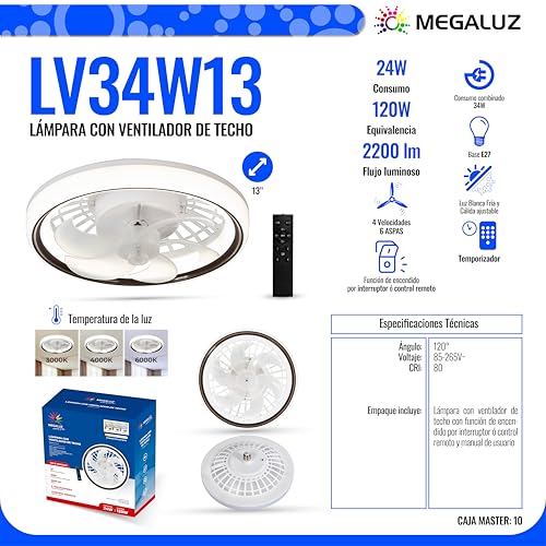 Megaluz LV34W13 Ventilador de techo con luz led y control remoto, 13”, luz blanca fría, neutra y cálida, 6 aspas desmontables, Abanico de techo enchufe E27, 4 velocidades y motor silencioso (Blanco).