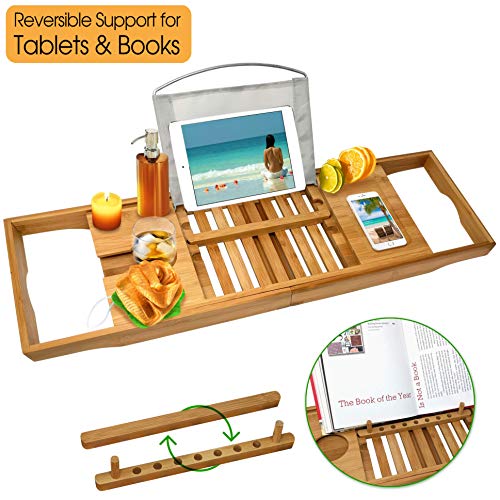 Nature Gear Wood Bamboo Luxury Bath Caddy for Your Book, Tablet or Smartphone - Bathtub Tray with Extending Arms