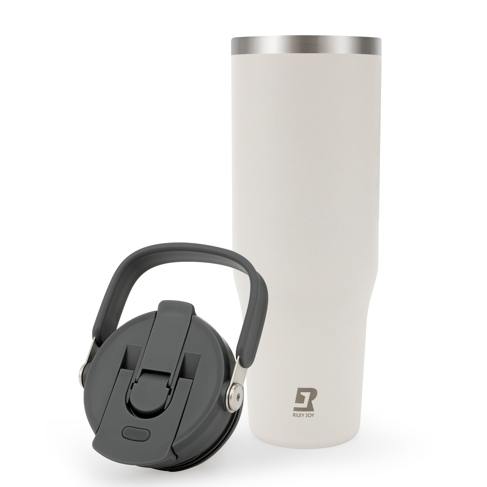 Riley Joy 2.0 Stainless Steel Tumbler 32 oz with Handle and Straw - 100% Leak Proof Insulated Water Bottle - Easy to Carry Travel Mug - Dishwasher Safe - Car Coffee Cup - White