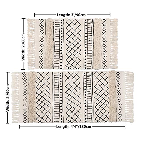 HiiARug Cotton Area Rug Set 2 Piece 2'x3'+2'x4'4, Woven Tufted Area Rug Tassel Geometric Rhombus Throw Rugs Machine Washable Floor Runner Rug for Bedroom Bathroom Living Room Kitchen (Cream CR2pc)