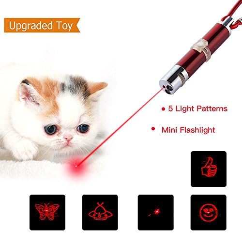Cat Catch LED Light 5 in 1 Multiple Funny Patterns Pussies Chase Toy Stick Interactive LED Toy Training Funny Kitten Toy Mini Flashlight Great Tool for Teasing Cat (Red)