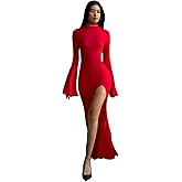 Caviotess Women's Sexy Backless Flared Long Sleeve Maxi Dress Elegant Turtleneck High Slit Bodycon Dress Club Party Dresses