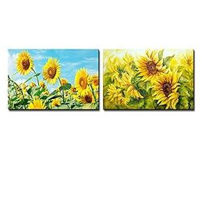 Canvas Prints Wall Art - Sunflower Field Photo and Sunflowers Painting | Modern Wall Decor/Home Decoration Stretched Gallery Canvas Wrap Giclee Print & Ready to Hang - 16"x24" x 2 Panels