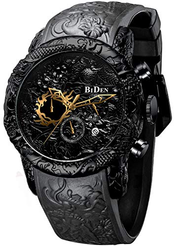 Mens Watches Chronograph Big Face Waterproof Date Analog Quartz Watch 3D Dragon Designer Wrist Watches for Men Rubber Strap