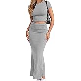 CHYRII Womens Two Piece Sets Short Sleeve Crewneck Cropped Top Bodycon Fold Over Maxi Skirt Maxi Dress Outfit