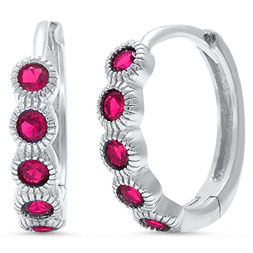 Simulated Ruby Round Hoop Huggie .925 Sterling Silver Earrings