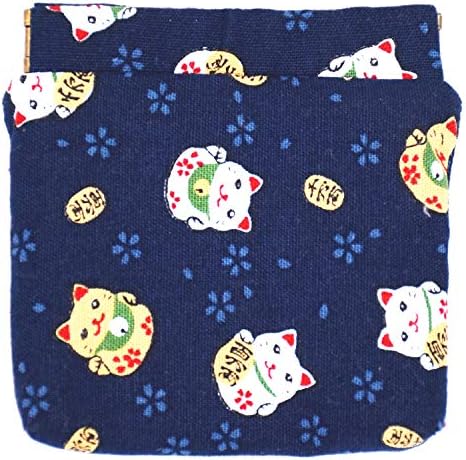 Lucky Cats Cotton Squeeze Coin Purse, Inner Bag Storage Bag (Navy)