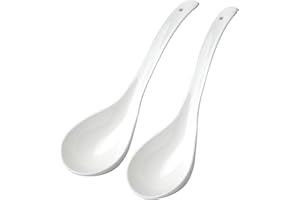 Large Soup Spoons Ceramic Serving Spoons for Miso Soup Ramen Pho Dumpling Cooking Spoons (2 White)
