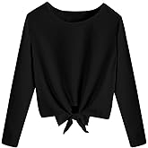 Kilymosy Girls Short Long Sleeve Shirt Casual Front Knot Tops Tee Blouse 5-12 Years