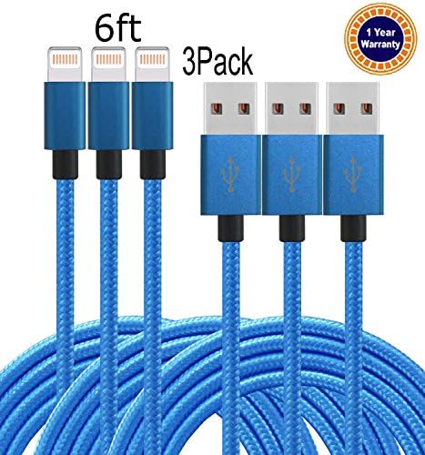 Jricoo 3PACK 6FT Lightning Cable Popular Nylon Braided Charing Cable for iphone 7,7plus,iphone 6s, SE, 6s plus, 6plus, 6,5s 5c 5,iPad Mini, Air,iPad5,iPod.New Version(Blue)